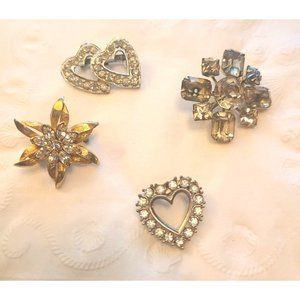 4 VINTAGE RHINESTONE PINS HEARTS AND FLOWERS